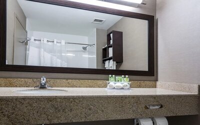 Guest bathroom with shower at Holiday Inn Express & Suites Naples Downtown - 5th Avenue.