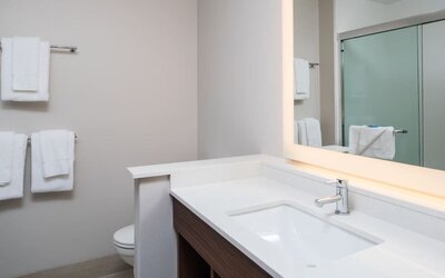 Guest bathroom with shower at Holiday Inn Express & Suites Ruston.