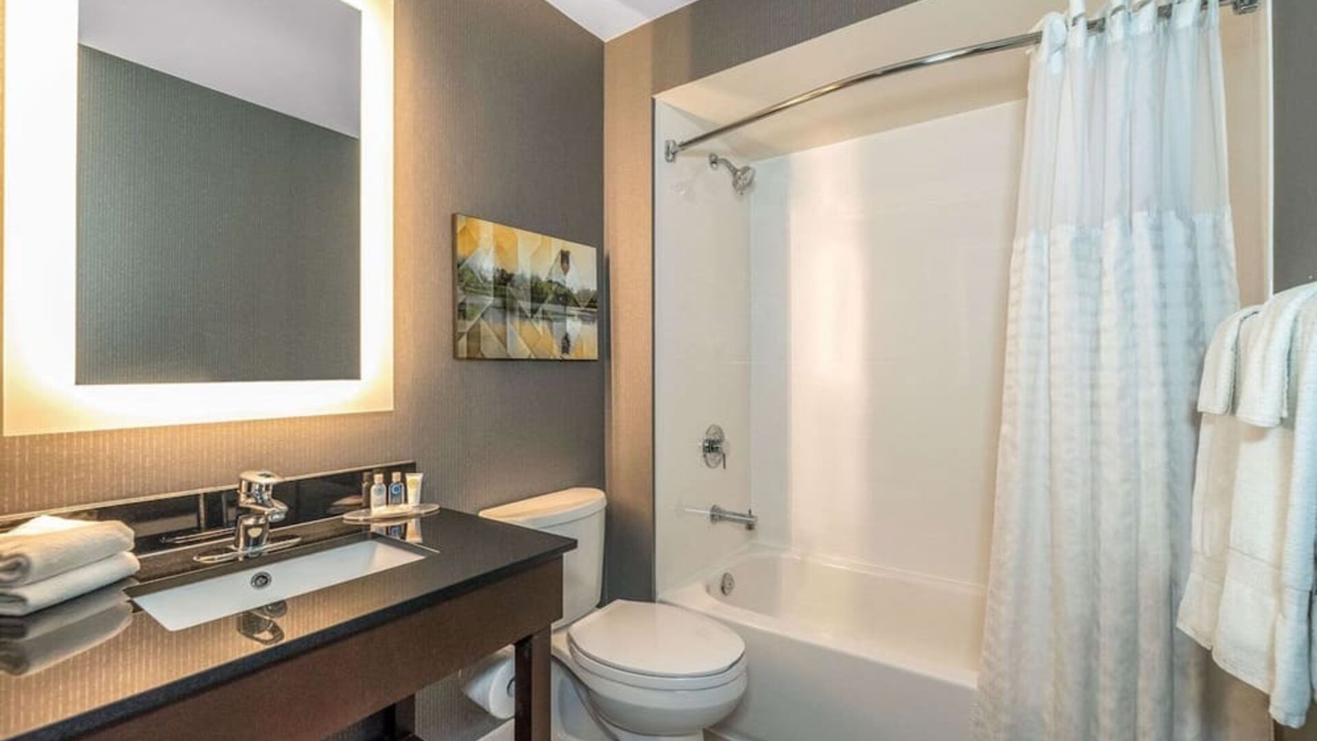 Guest bathroom with shower and tub at Comfort Inn Winnipeg Airport.