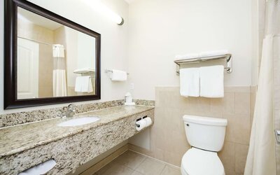 Guest bathroom with shower at Best Western Sugar Land Inn.