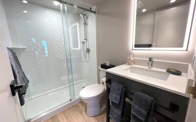 Guest bathroom with shower at Les Suites Hotel Ottawa.