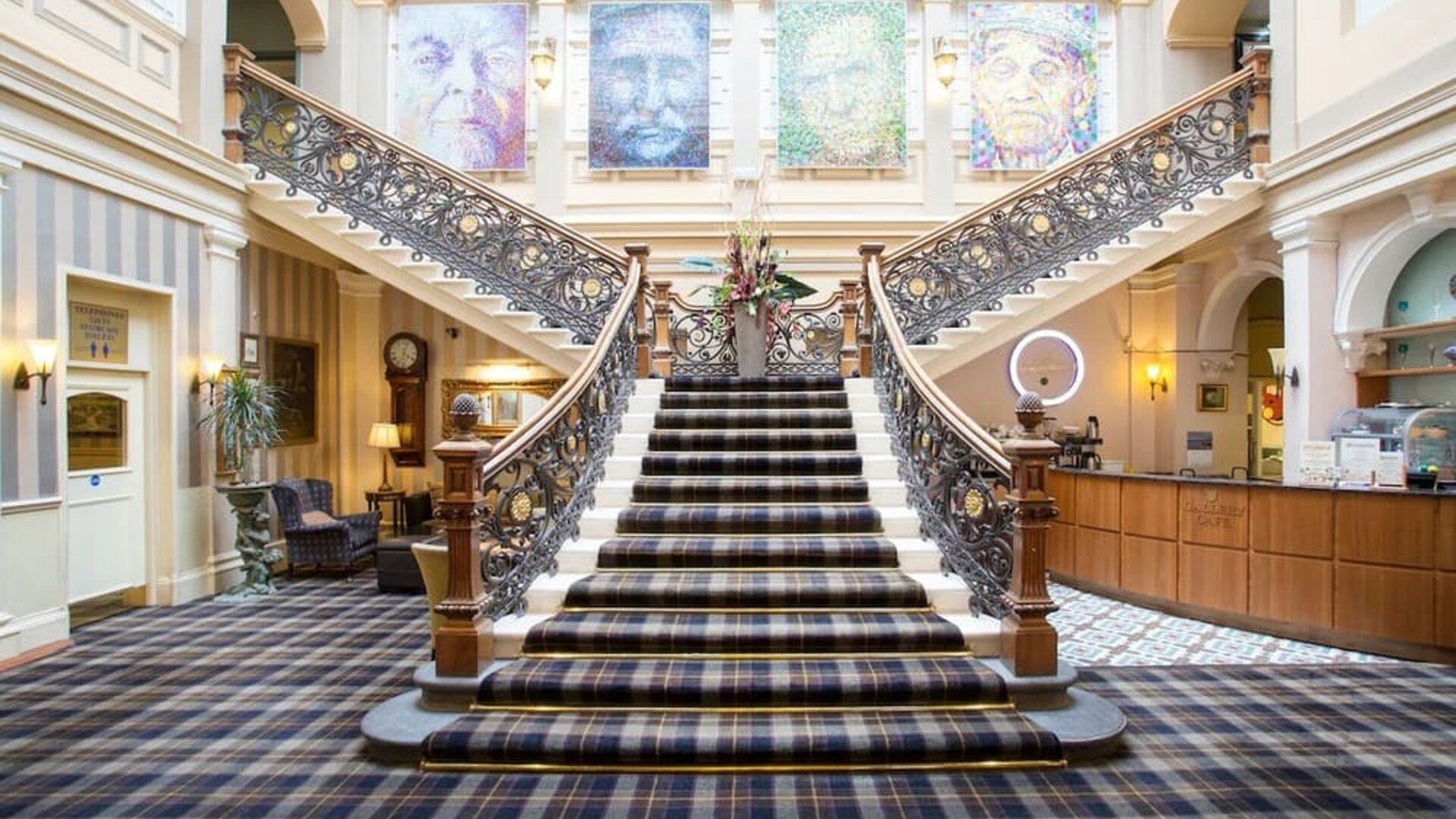 Hotel lobby with double staircase at The Royal Highland Hotel.