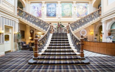 Hotel lobby with double staircase at The Royal Highland Hotel.