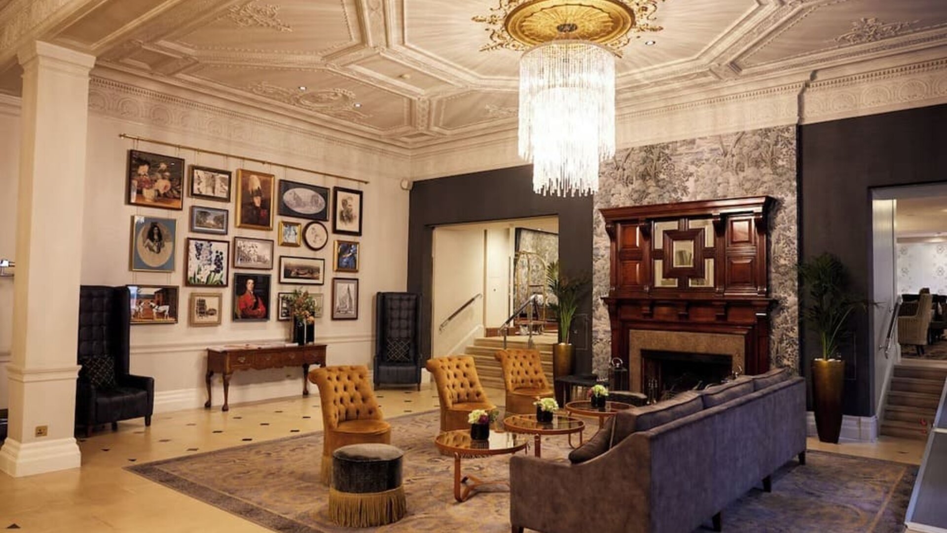 Lobby lounge with fireplace at The Royal Horseguards Hotel.