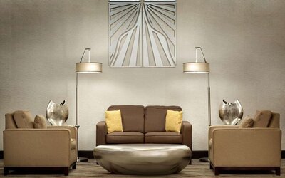 Lobby and coworking lounge at Radisson Akron/Fairlawn.