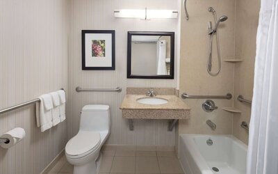 Guest bathroom with shower and tub at Hilton Garden Inn Queens/JFK Airport.