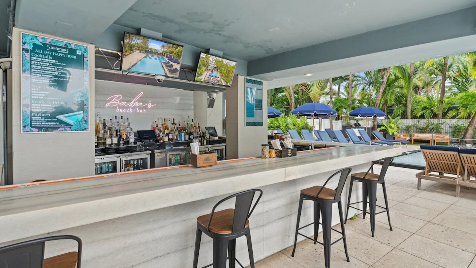 Poolside bar which also serves breakfast, lunch, and dinner at The Sagamore Hotel South Beach.