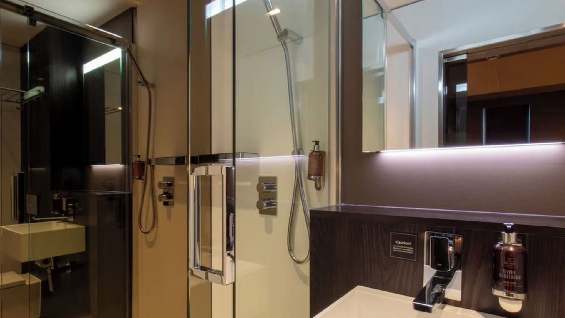 Guest bathroom with shower at Bloc Hotel Birmingham.