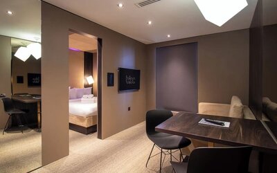 Double day use room with workspace and private bathroom at Bloc Hotel Birmingham.