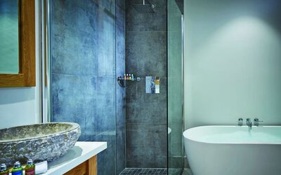 Private bathroom with tub and shower at Barnett Hill Hotel.