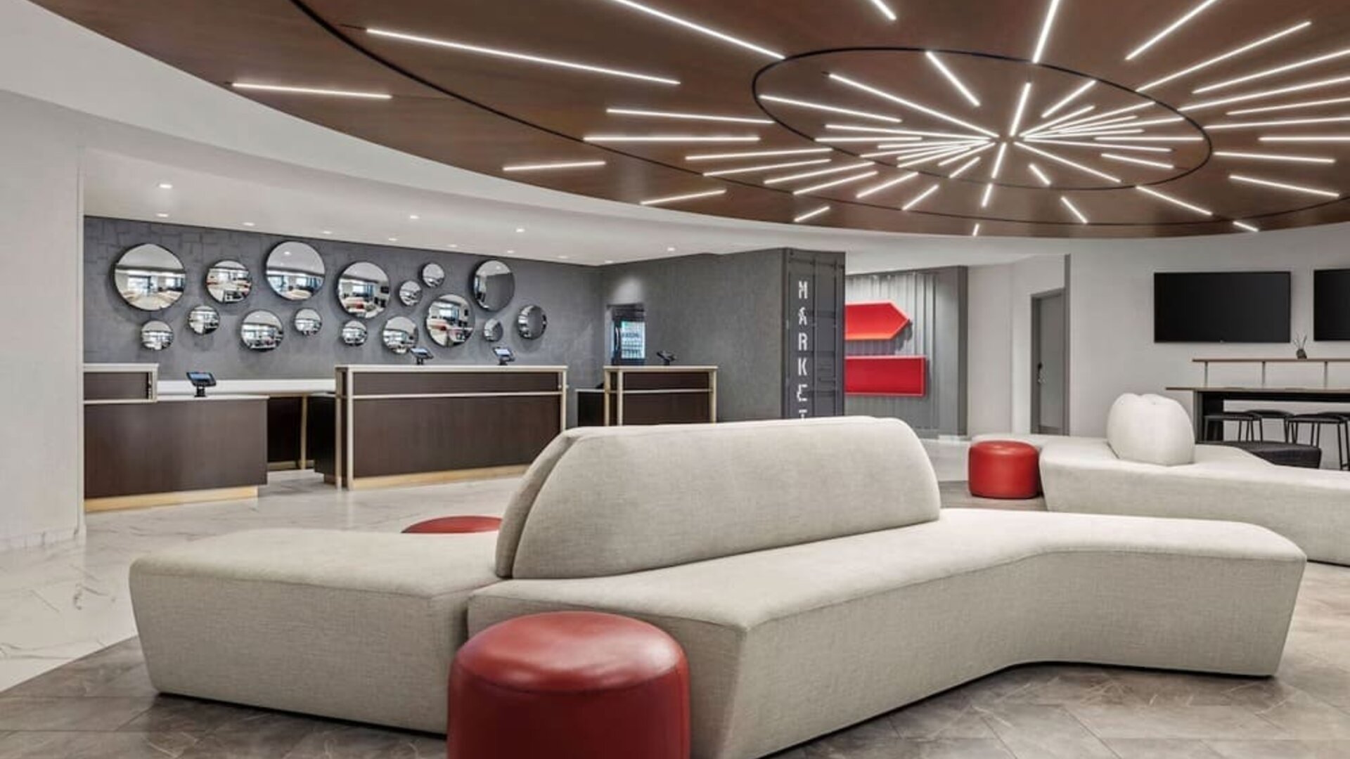 Lobby and coworking lounge at Renaissance Newark Airport Hotel.