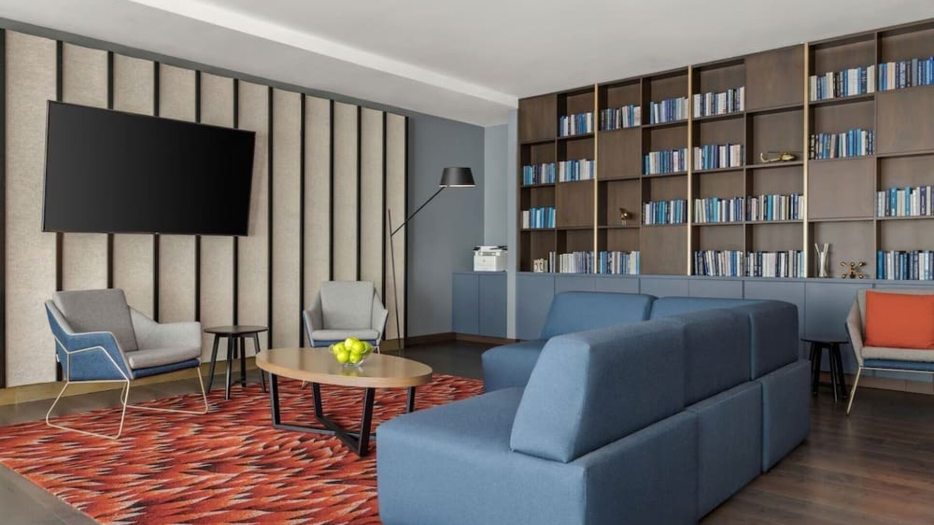 Lobby and coworking lounge at Renaissance Newark Airport Hotel.