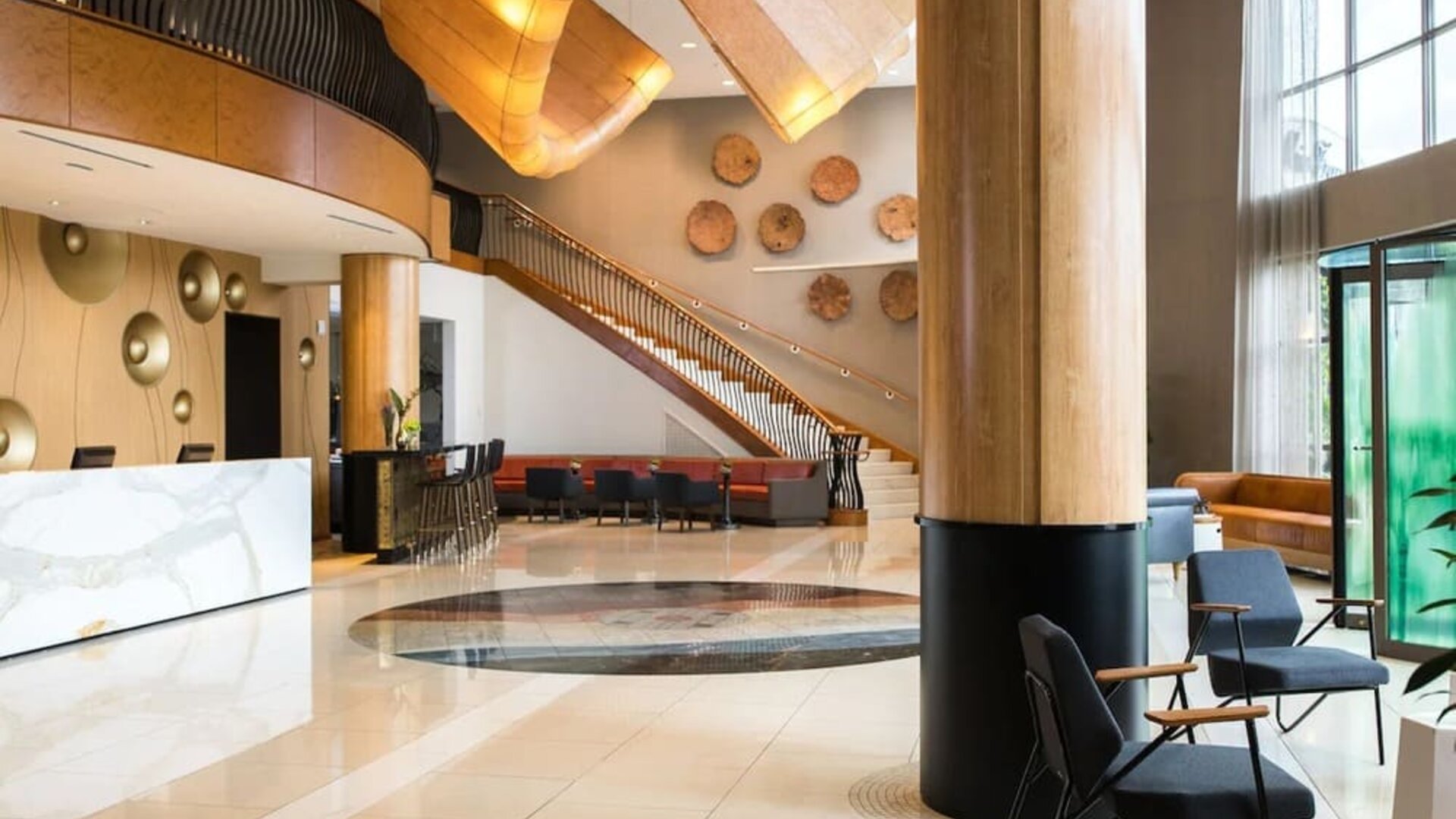 Lobby and coworking lounge at Renaissance Raleigh North Hills Hotel.