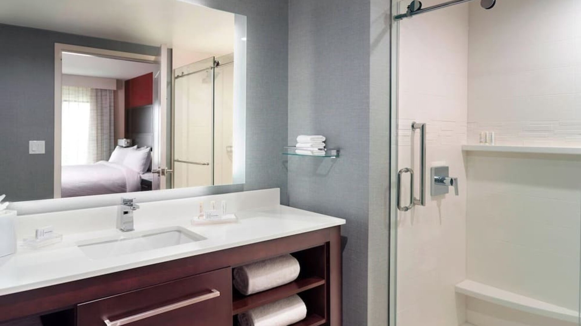 Guest bathroom with shower at Residence Inn Columbus.