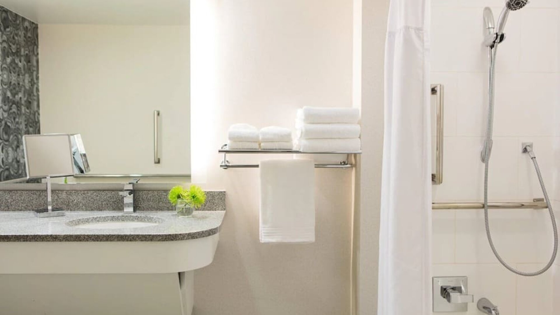 Guest bathroom with shower and tub at Renaissance Meadowlands Hotel.