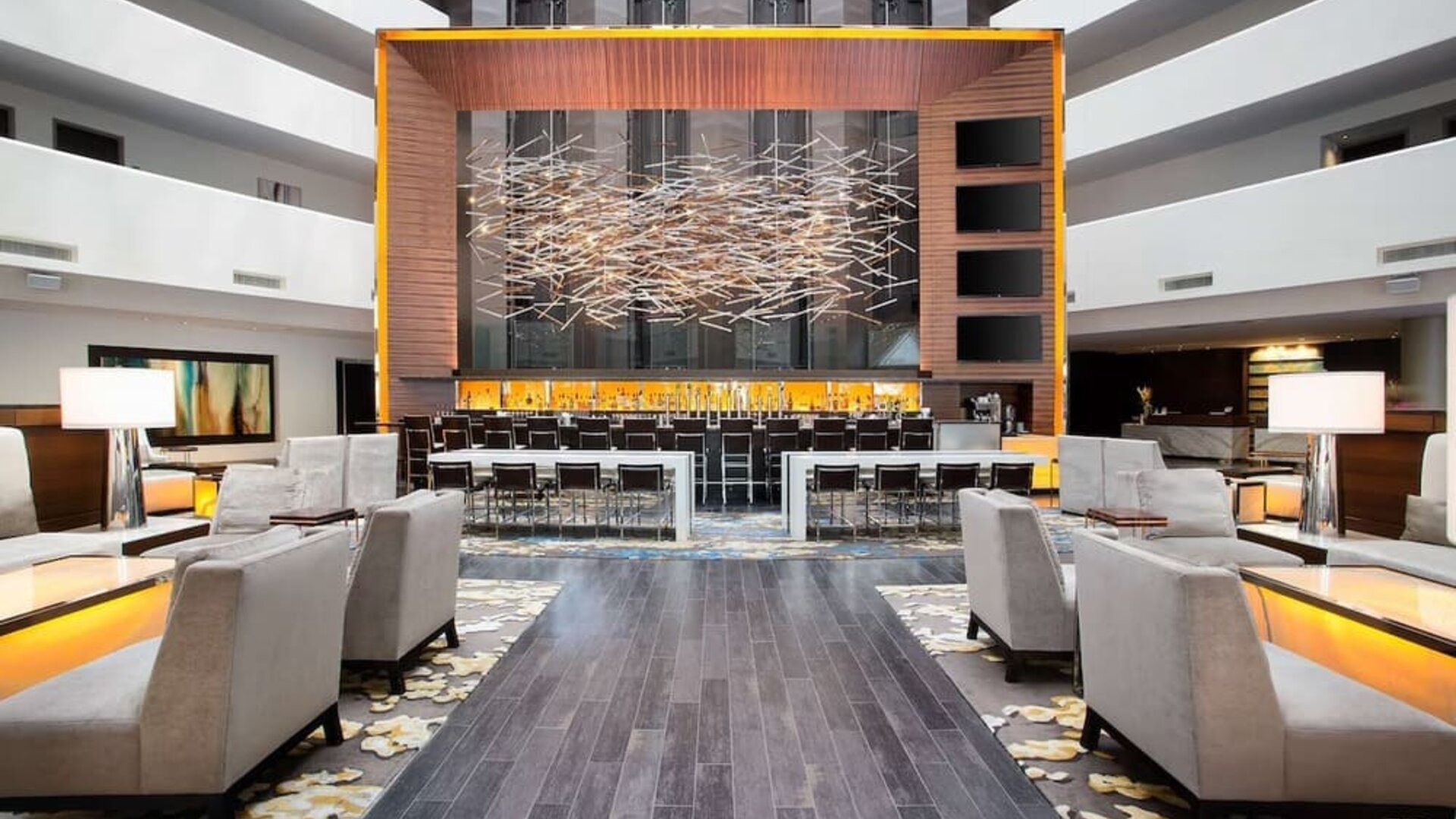 Lobby and coworking lounge at Hilton McLean Tysons Corner.