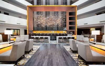 Lobby and coworking lounge at Hilton McLean Tysons Corner.