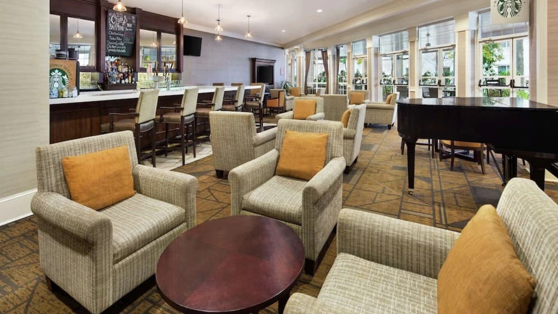 Lobby and coworking lounge at DoubleTree Raleigh Durham Airport At Research Triangle Park.