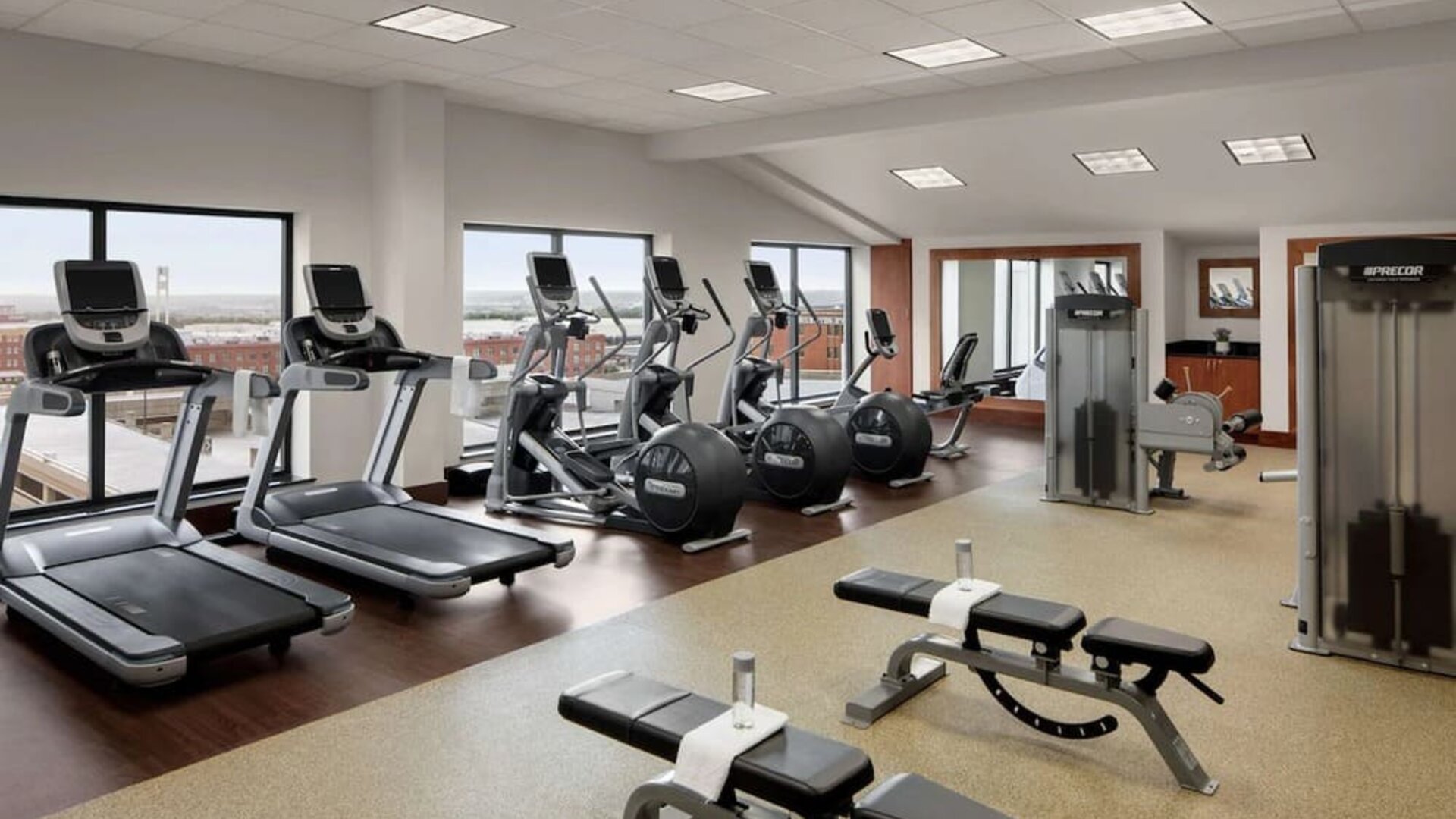 Fitness center available at Embassy Suites By Hilton Fort Worth Downtown.
