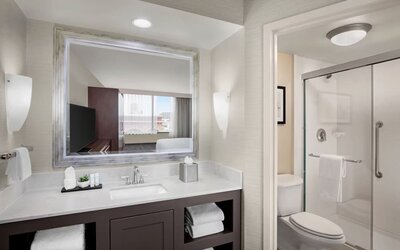 Guest bathroom with shower at Embassy Suites By Hilton Fort Worth Downtown.

