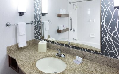Guest bathroom with shower and tub at Hilton Garden Inn Sacramento/South Natomas.