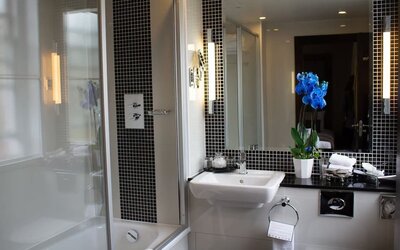 Guest bathroom with combined shower and tub at The Wellington by Blue Orchid Hotel (FKA The Rochester).