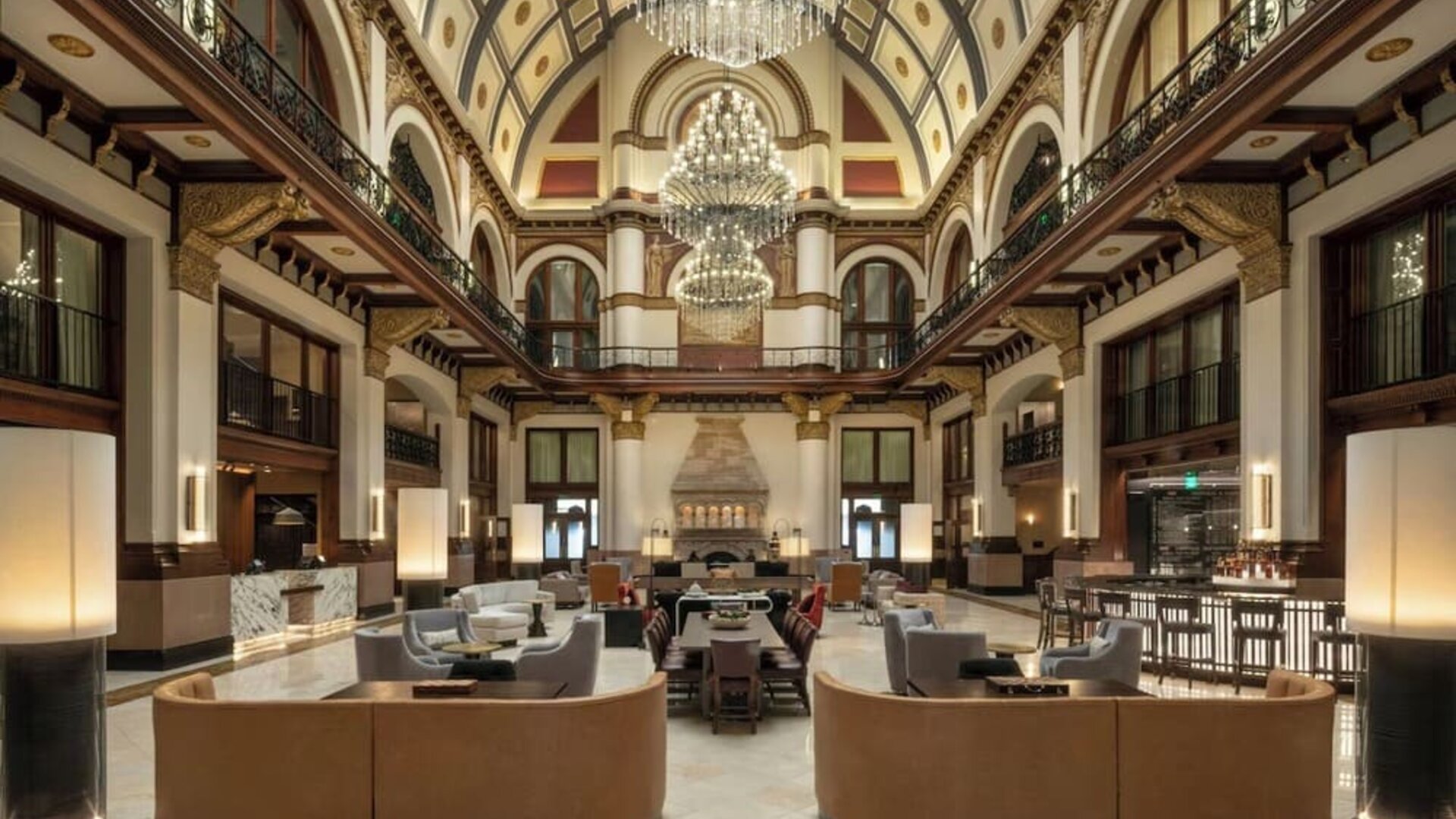 Lobby and coworking lounge at Union Station Hotel Nashville.