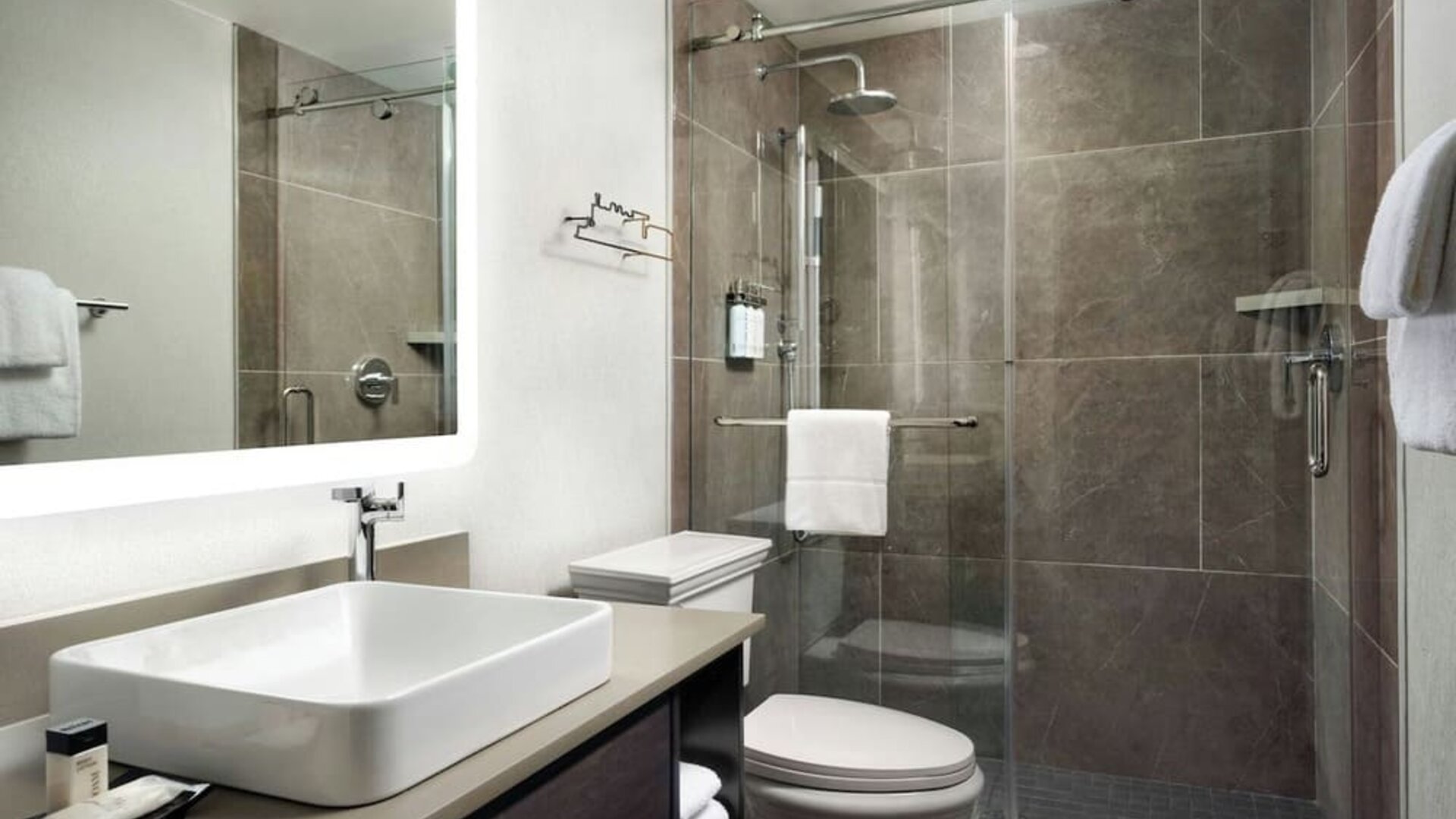 Guest bathroom with shower at Union Station Hotel Nashville.