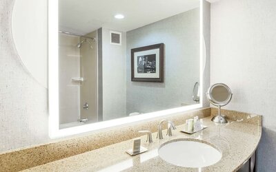 Guest bathroom with shower at DoubleTree By Hilton Austin University Area.