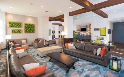 Lobby and coworking lounge at Hilton Garden Inn Burbank Downtown.