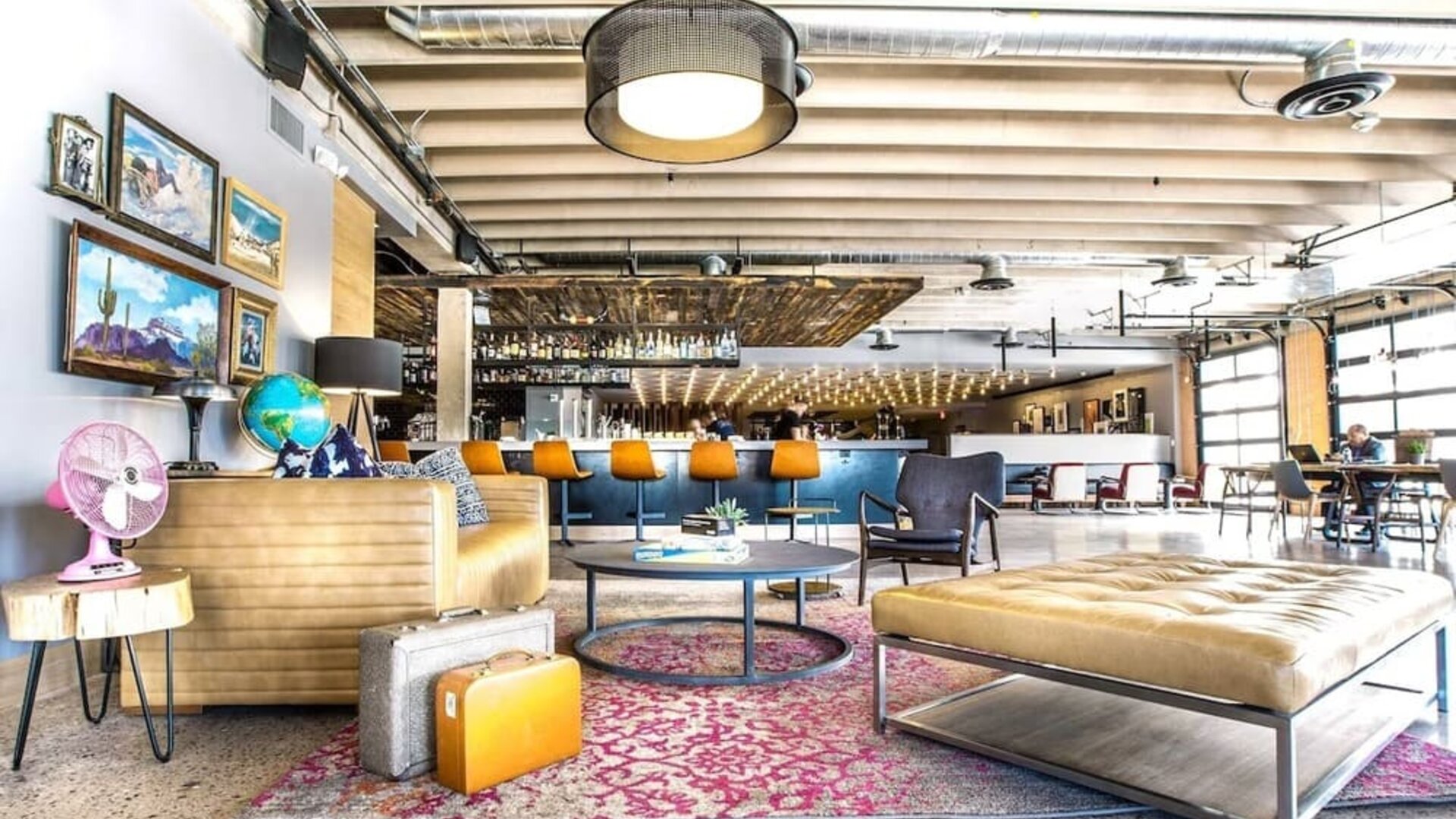 Lobby and coworking lounge at Moxy Phoenix Tempe/ASU Area.