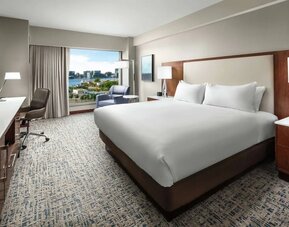 Day use room with work desk at Hilton Boston Logan Airport.
