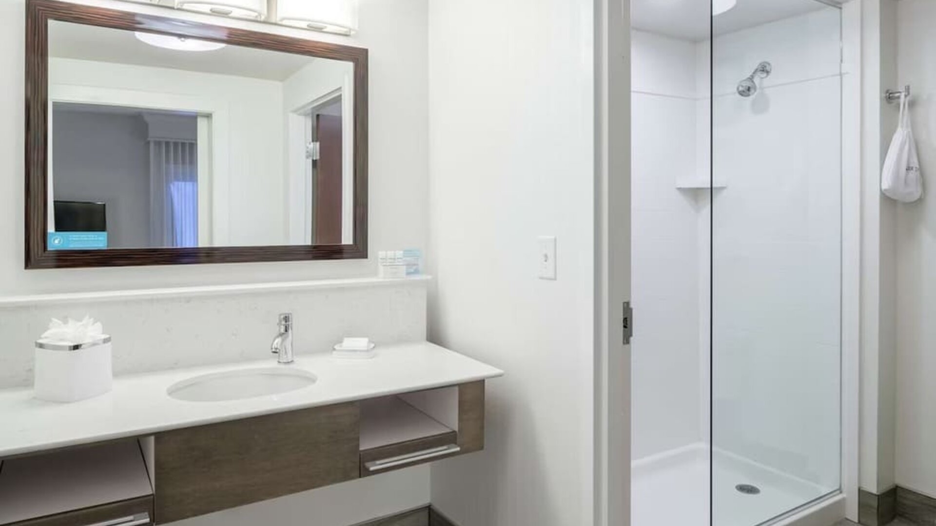 Guest bathroom with shower at Hampton Inn & Suites Atlanta Perimeter Dunwoody.