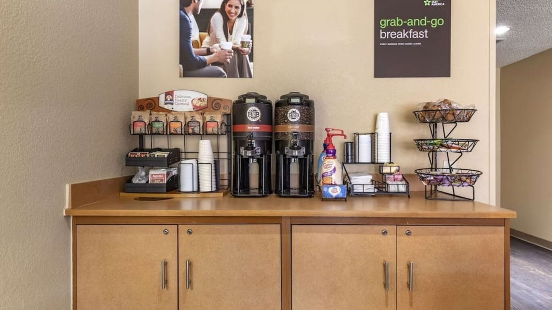 Coffee station at Extended Stay America.