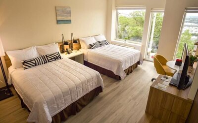 Day use twin room with floor to ceiling windows, work desk and TV screen at Wyndham Garden North Bergen Near Secaucus.