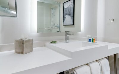 Guest bathroom with shower at Radisson Hotel Sunnyvale Silicon Valley.