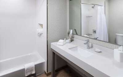 Guest bathroom with shower and tub at Courtyard By Marriott Fort Worth Historic Stockyards.