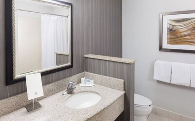 Guest bathroom with shower at Courtyard By Marriott Hattiesburg.
