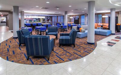 Lobby and coworking lounge at Courtyard By Marriott Montgomery Prattville.