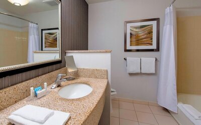 Guest bathroom with shower and tub at Courtyard By Marriott Montgomery Prattville.