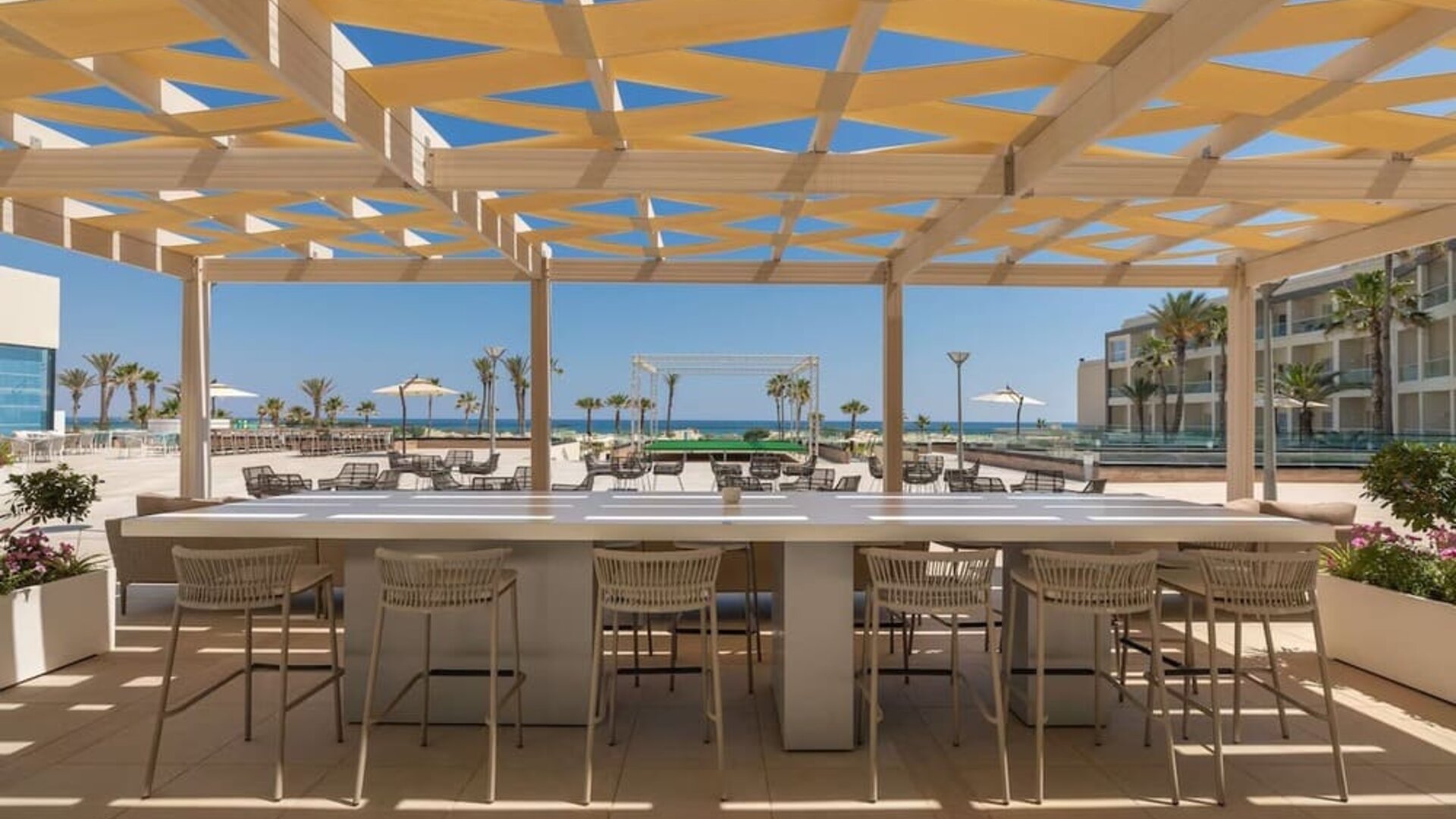 Outdoor bar area at Hilton Skanes Monastir Beach Resort.