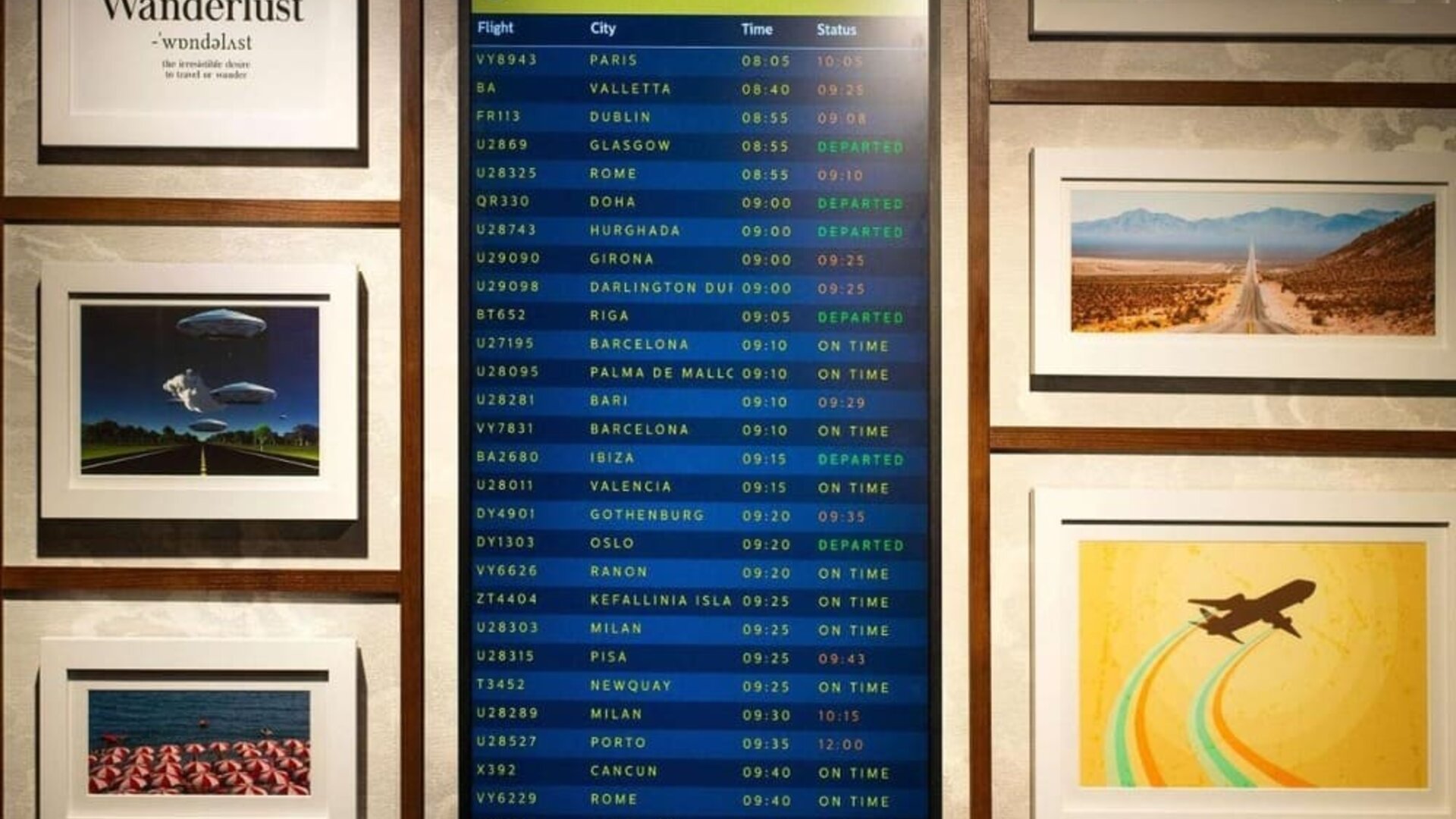 Lobby lounge with departures screen at Ibis London Gatwick Airport Hotel.