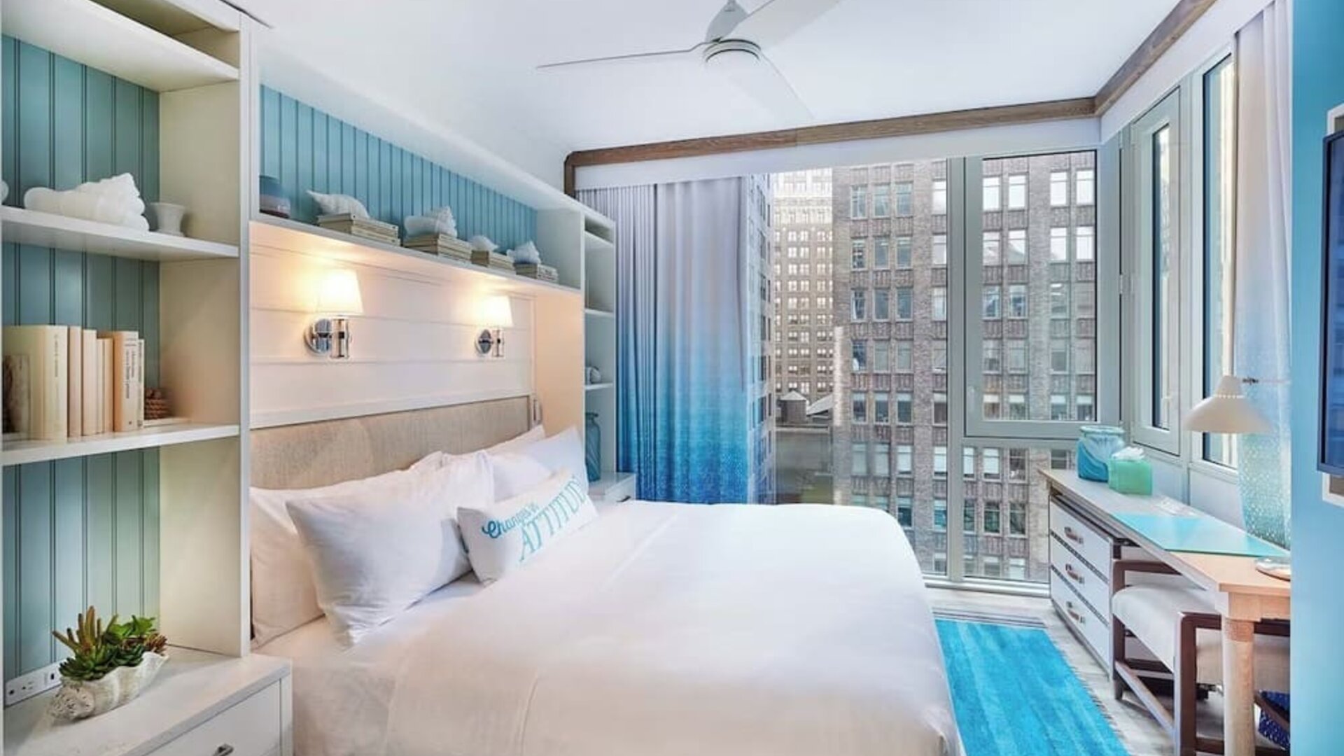 King bed with city views at Margaritaville Resort Times Square.