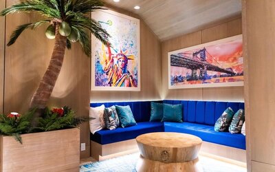 Coworking lobby seating at Margaritaville Resort Times Square.