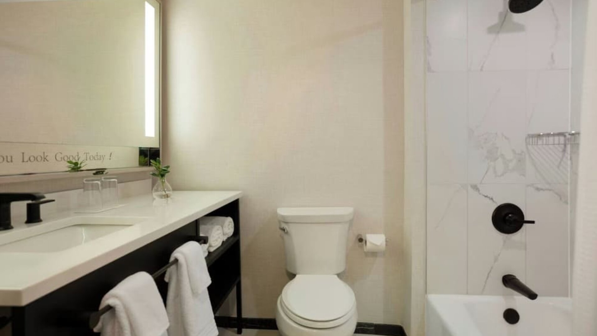 Guest bathroom with shower and tub at Renaissance Boca Raton Hotel.
