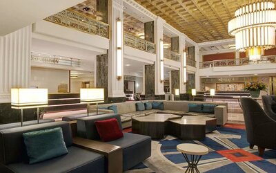 Lobby and coworking lounge at The New Yorker Hotel, A Wyndham Hotel.