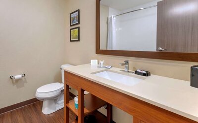Guest bathroom with shower at Comfort Inn & Suites Mankato.