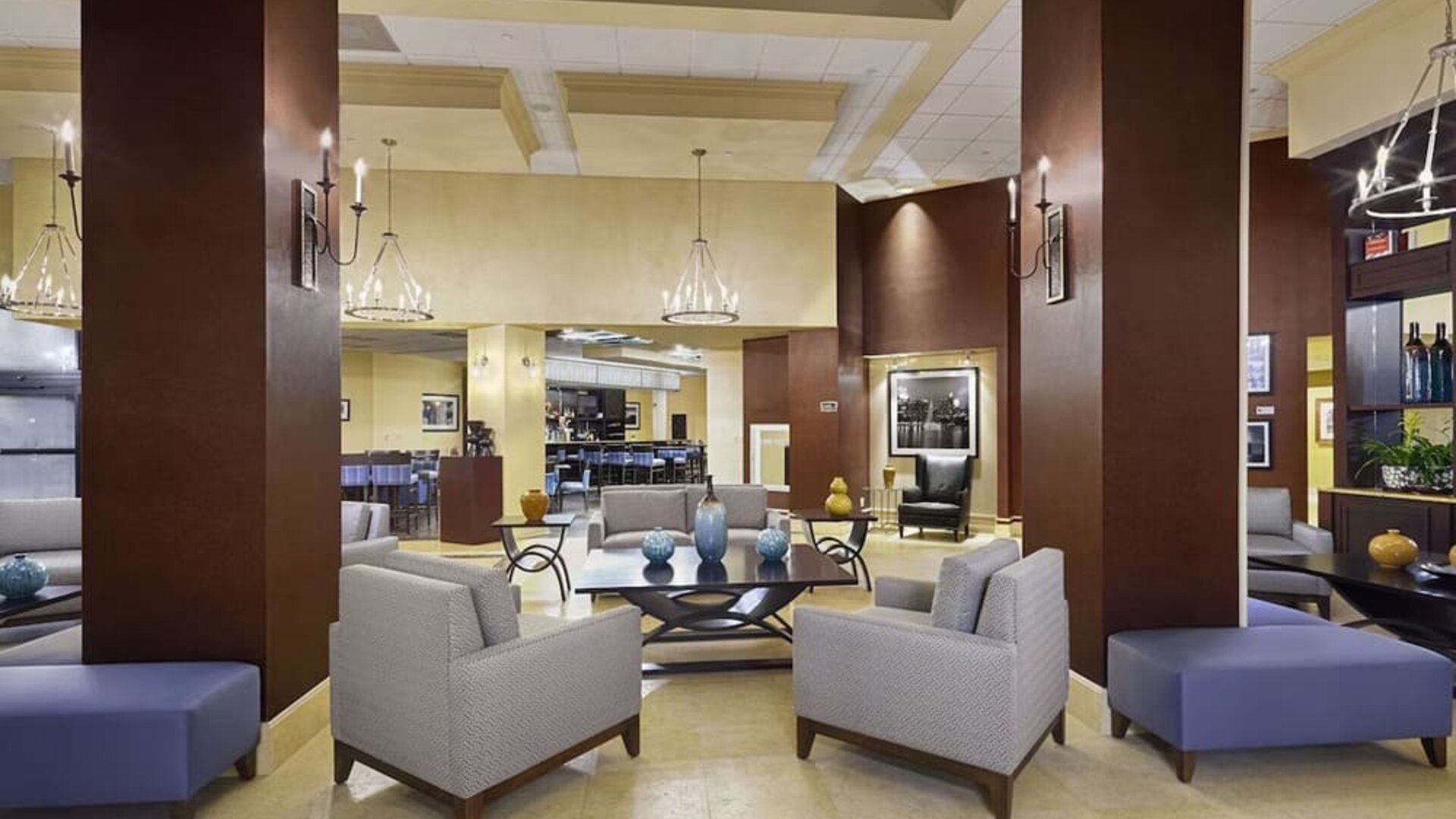 Lobby and coworking lounge at DoubleTree By Hilton Orlando Downtown.
