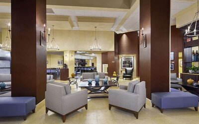 Lobby and coworking lounge at DoubleTree By Hilton Orlando Downtown.
