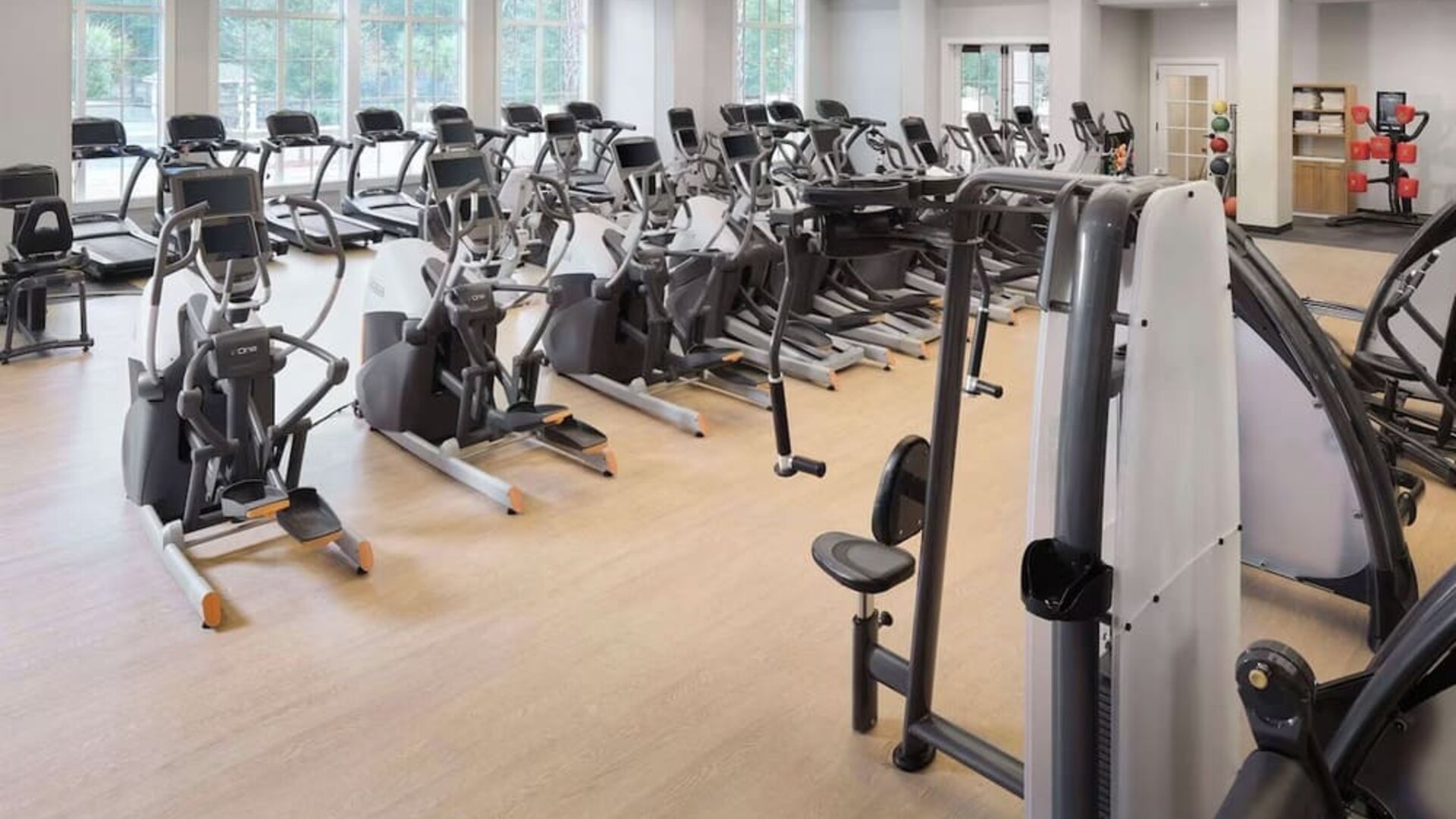 Well-equipped fitness center at Embassy Suites By Hilton Myrtle Beach Oceanfront Resort.